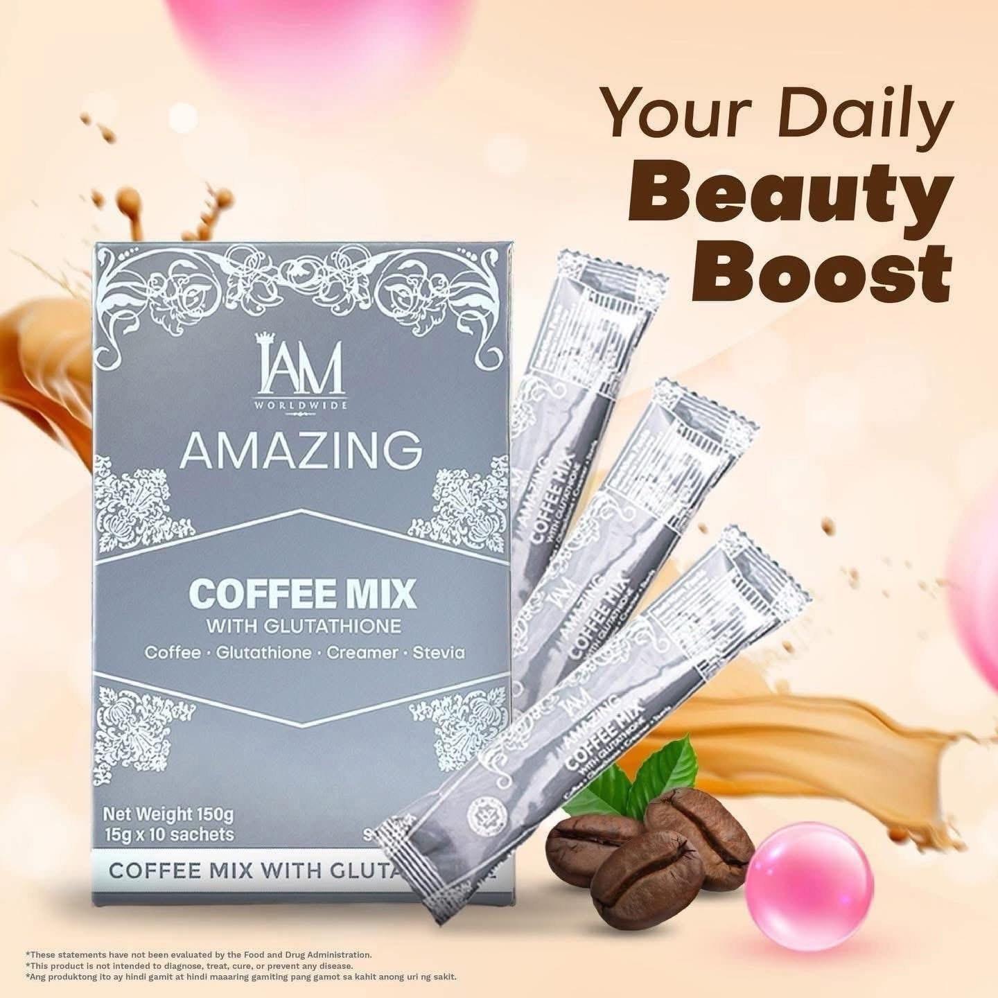 I Am Worldwide Amazing Barley 10 Sachets Coffee w/ Glutathione Drink Mix Gluta
