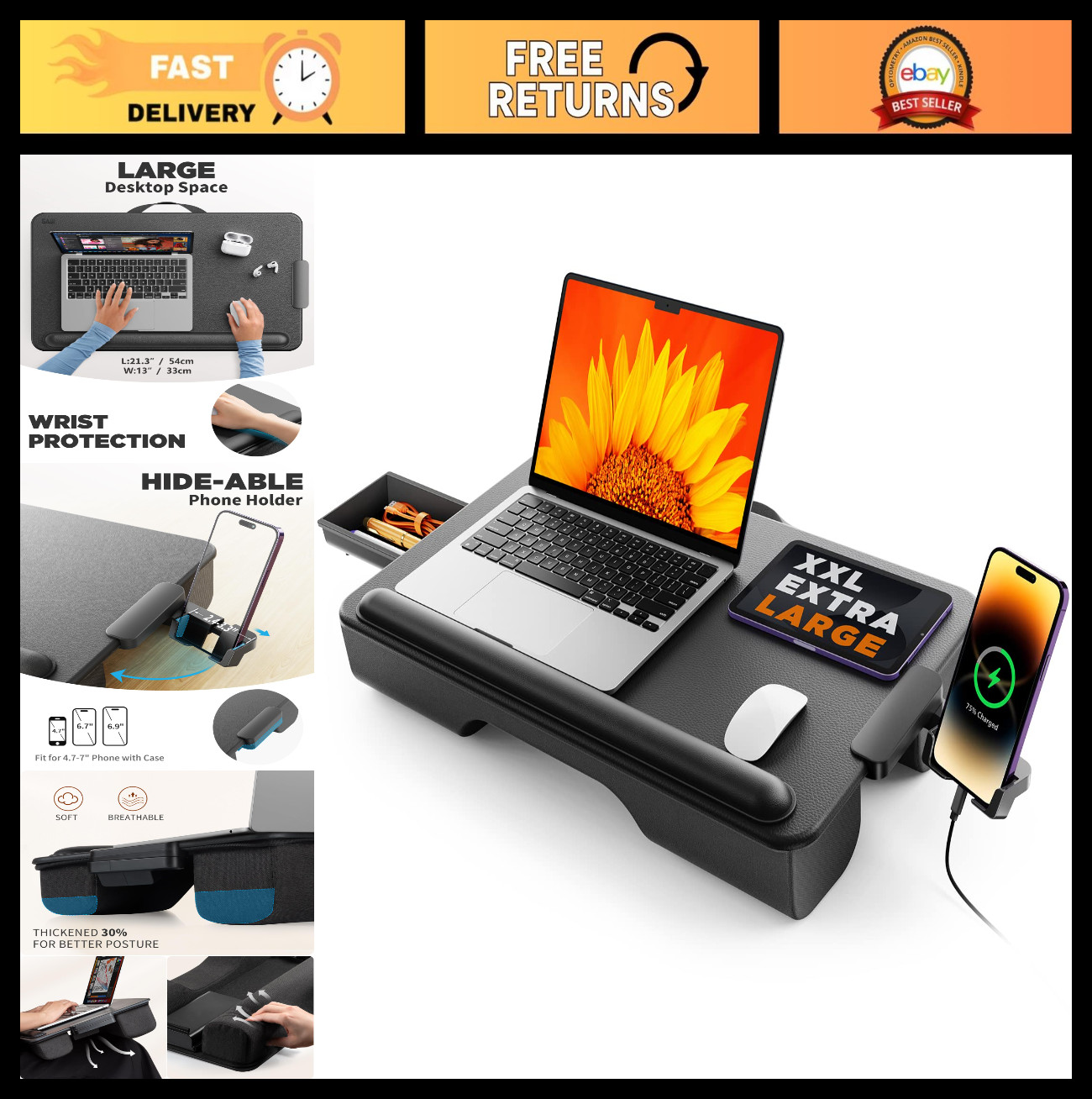 Portable Laptop Lap Desk for Bed - Fits Up to 17" Laptops, Lightweight Tray with