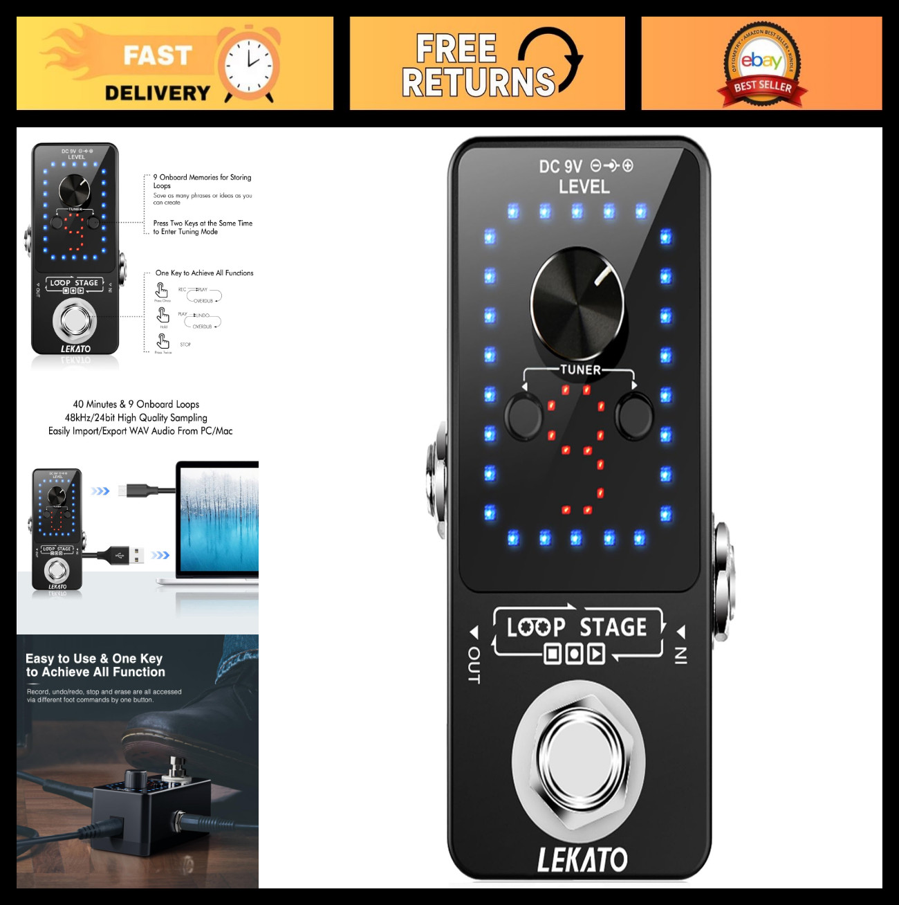 Looper Guitar Pedal with Tuner, 9 Loops, 40 Min Record Time, Unlimited Overdubs