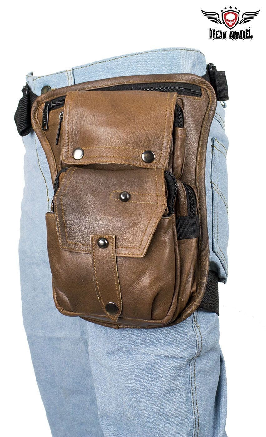 Premium Leather Motorcycle Black Thigh Bag Gun Pocket Drop Leg Waist Bag Hip Bag