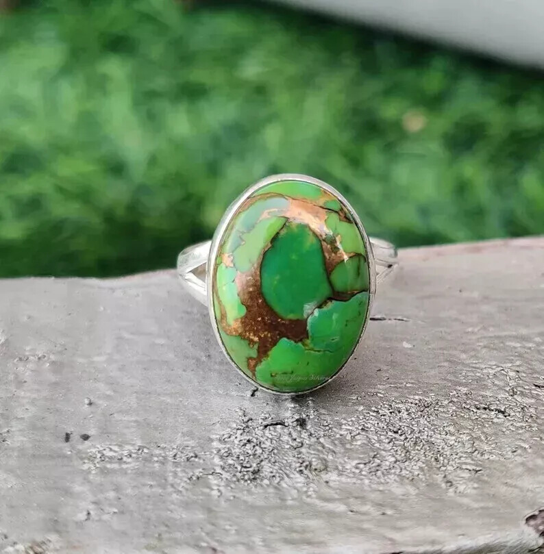 Handmade 925 Silver Green Copper Turquoise Statement Woman Ring All Size  R54