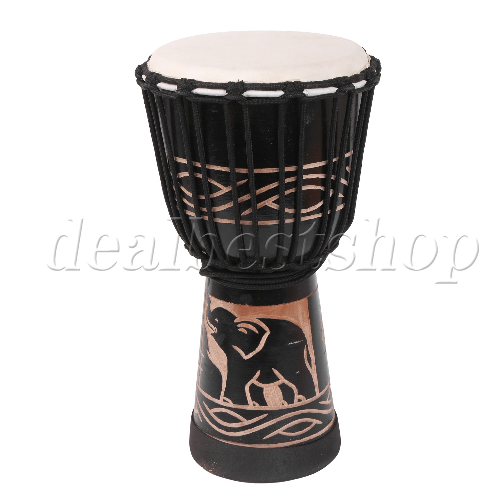 African Djembe Drum Bongo Musical Instrument Black Elephant Pattern 8"