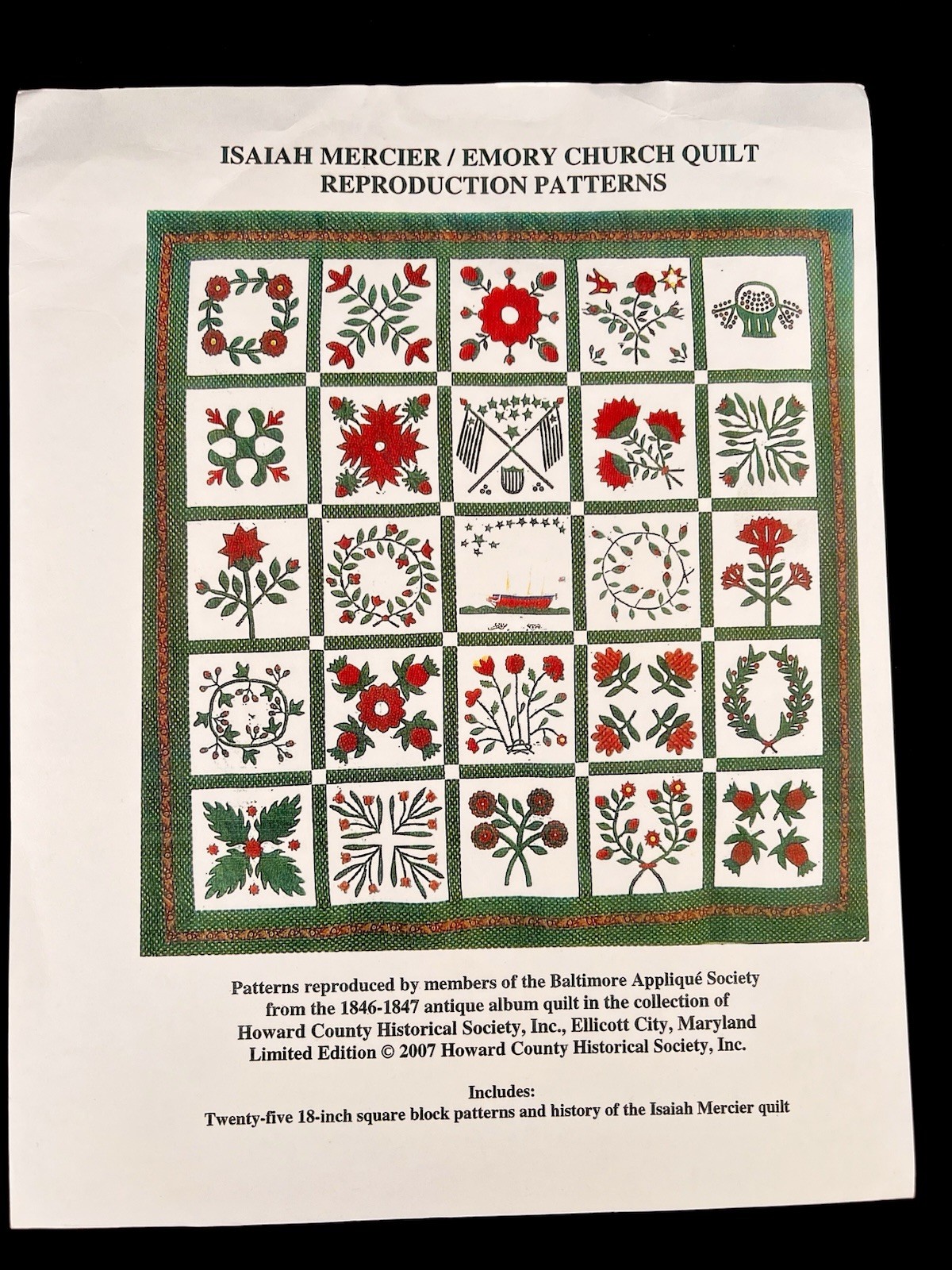 Baltimore Applique Society Quilt Pattern Isaiah Mercier Emory Church 1846-1847