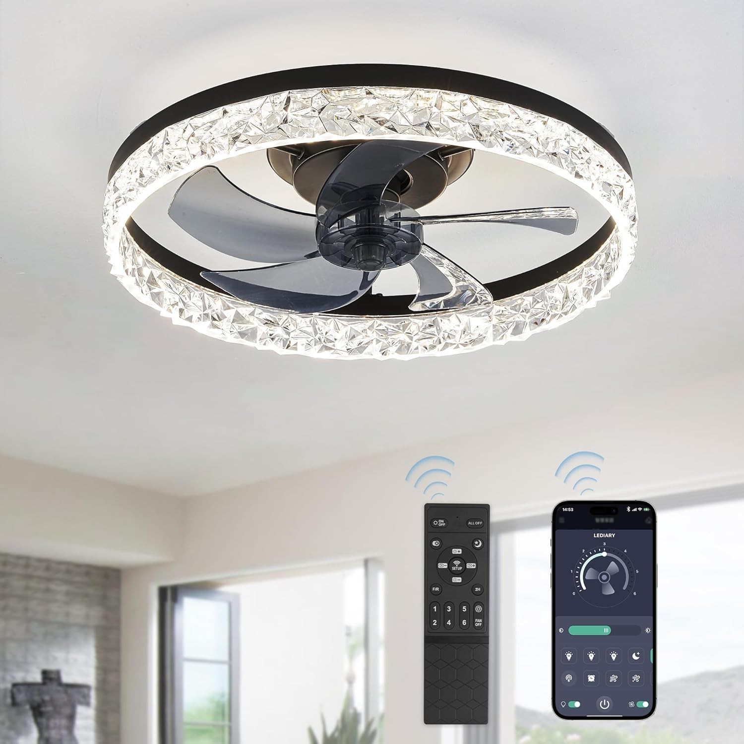 20" Modern Fan Lights Flush Mount LED Ceiling Light kit With Remote APP Control.