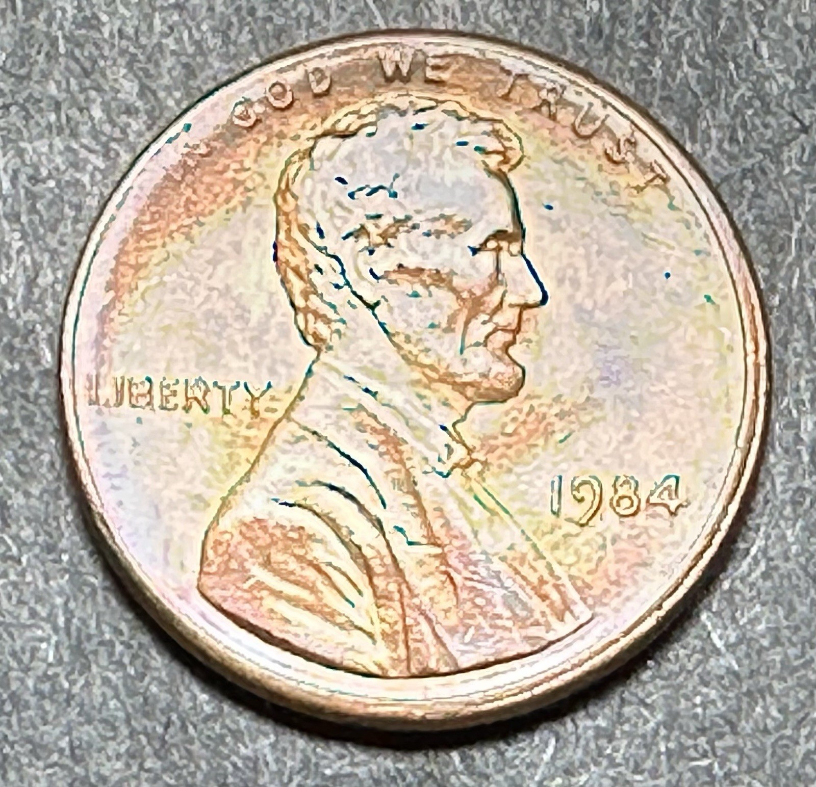 1984 Lincoln Penny Faint Rim Unique Toning & Writing On Obverse [136]