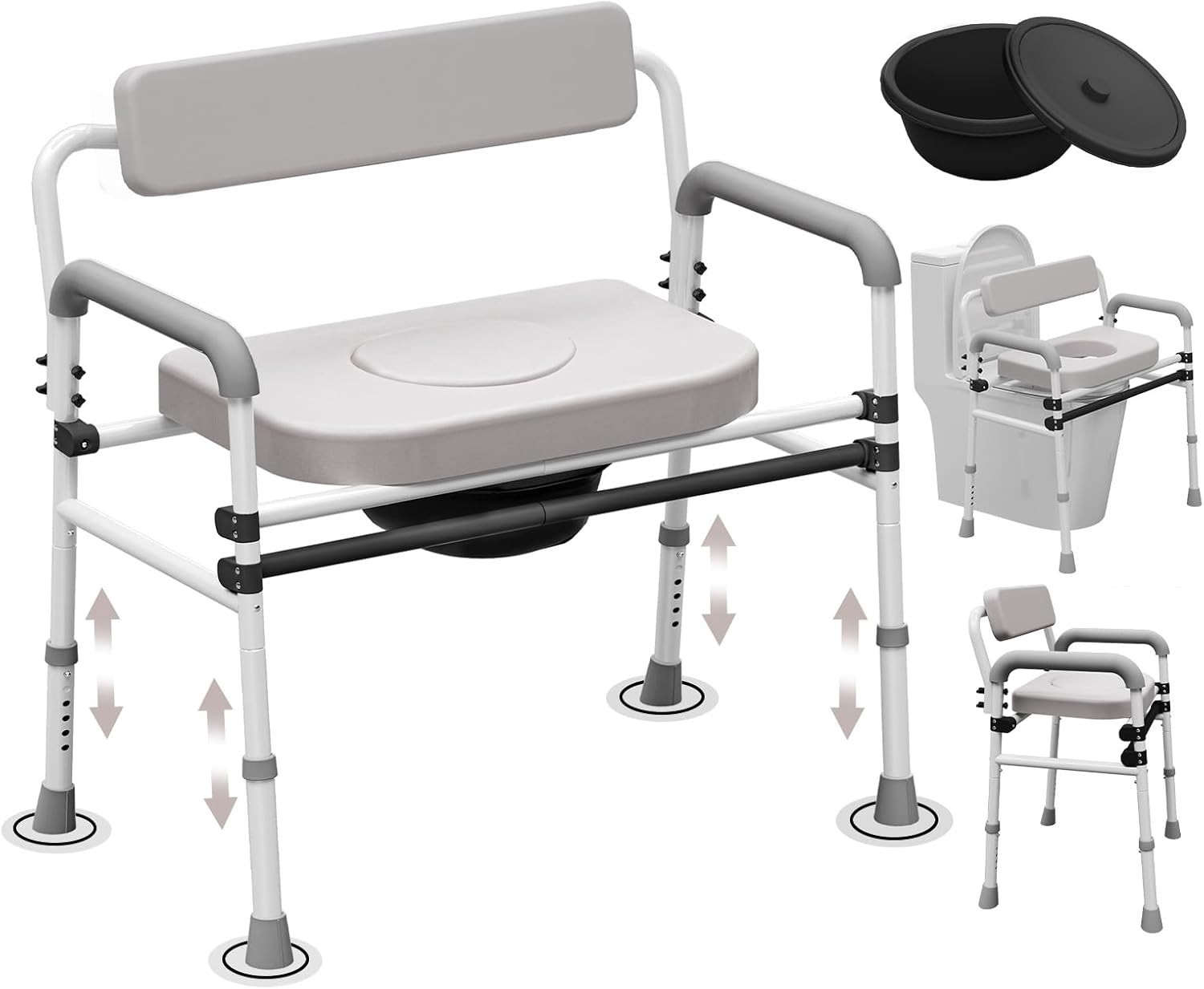 Adjustable Medical Bedside Commode Chair with Padded Backrest, Drop Arm Support