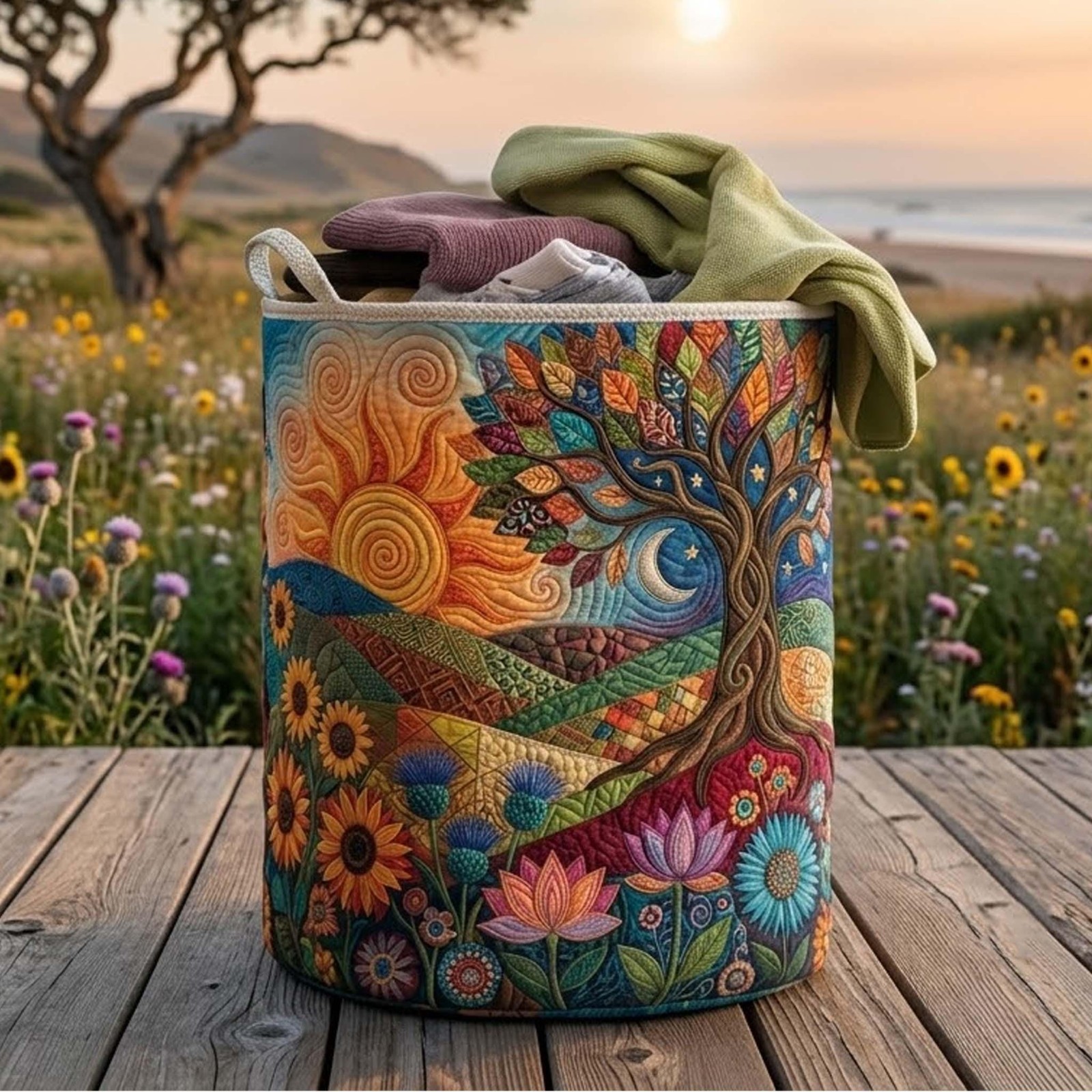 Tree of Life Quilted Laundry Basket: Mystical Nature Fabric Hamper, Spiritual St