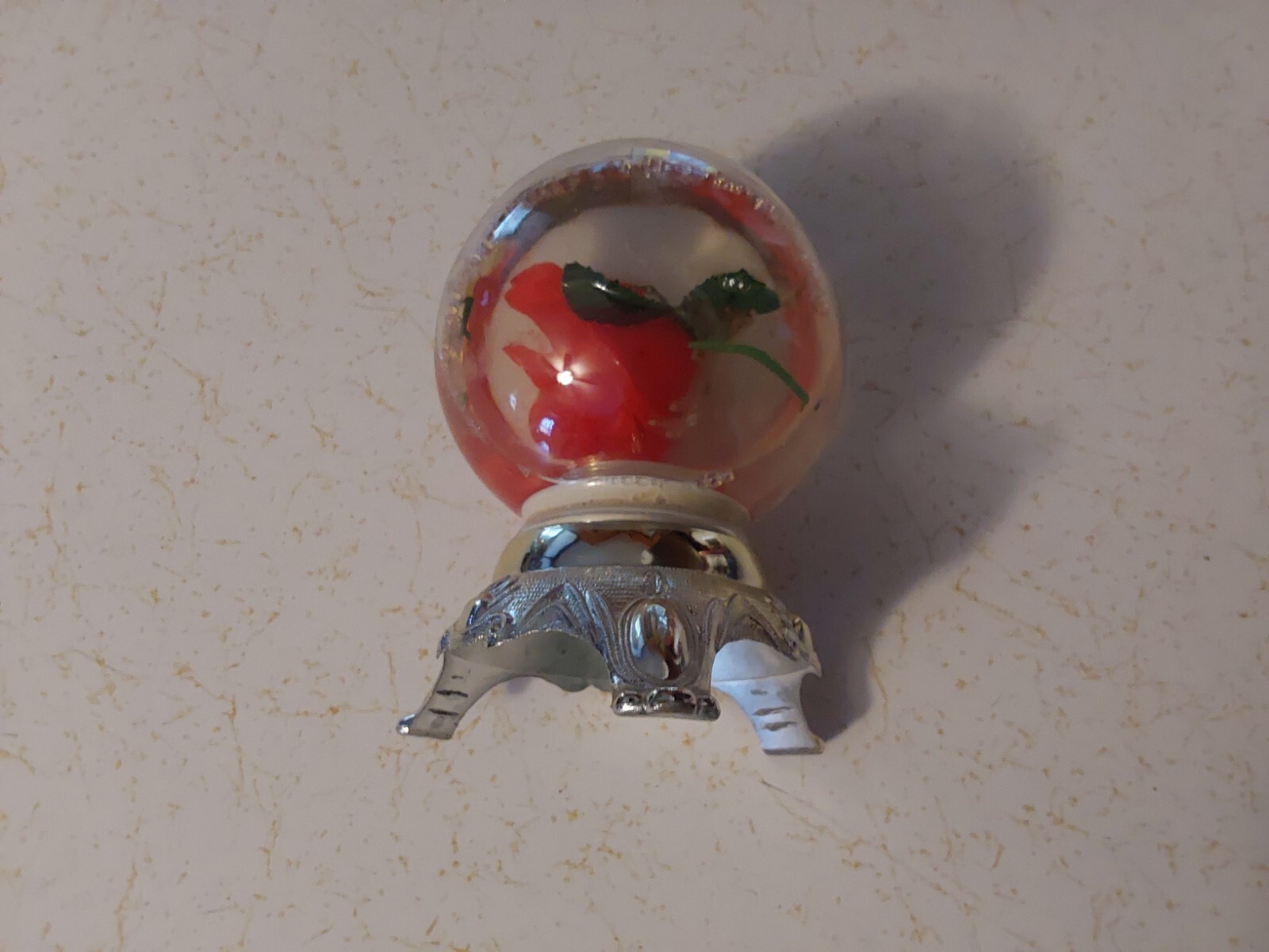 Floating ROSE Flower inside Glass Globe on Decorative TIN Base
