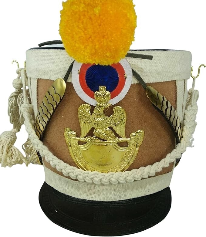 Shako Helmet Napoleonic French Military Yellow Pompom & Brass Plate Shako Helmet