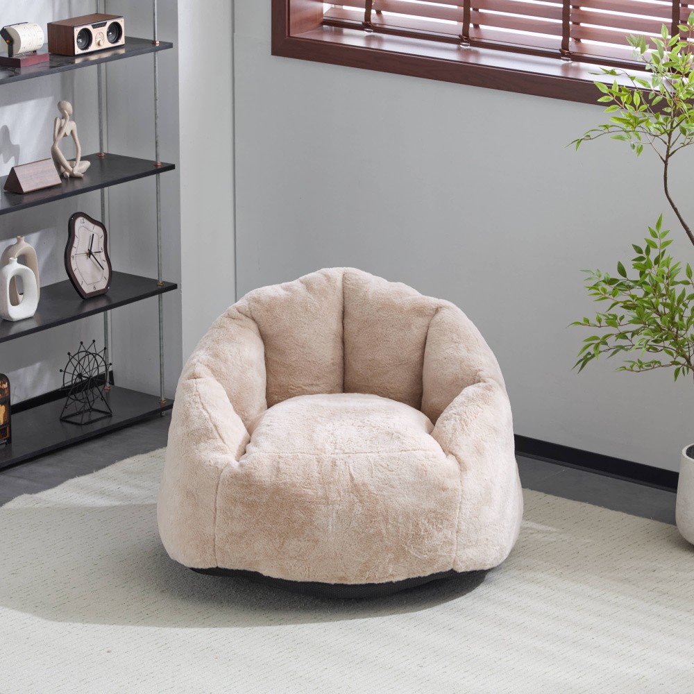 Beige Faux-Fur Bean Bag Chair, Indoor Cozy Armchair-Style, Shredded Foam Filler