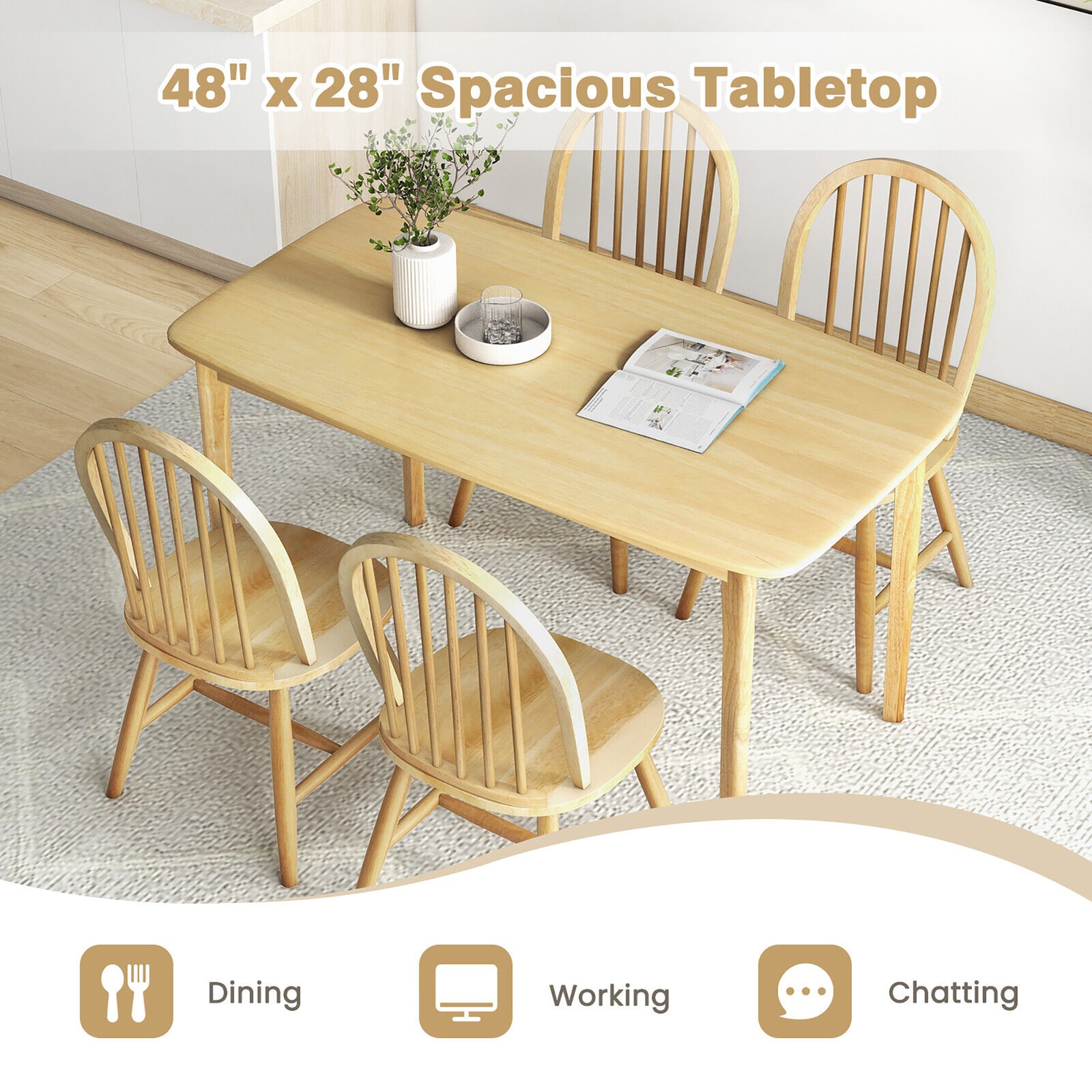 5 PCS Wooden Dining Table Set 48" Rectangular Kitchen Table & 4 Windsor Chairs