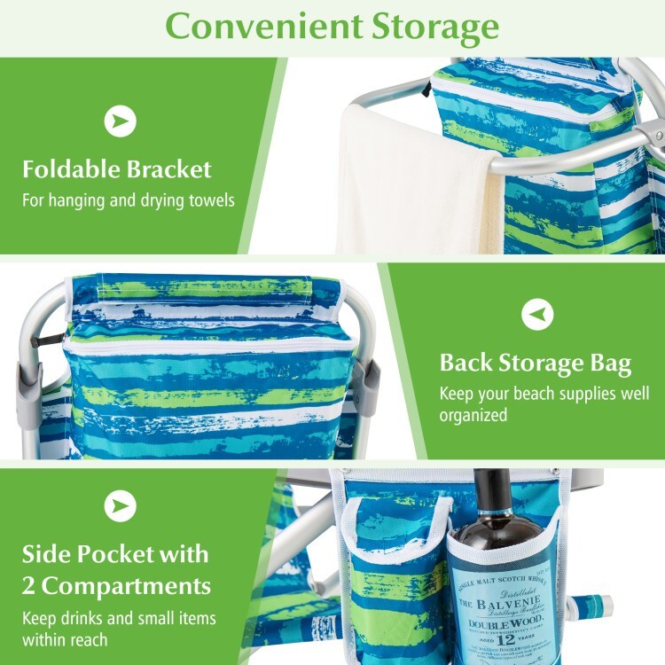Outdoor Backpack Beach Chair Folding Portable w/Cup Holder and Storage Pockets