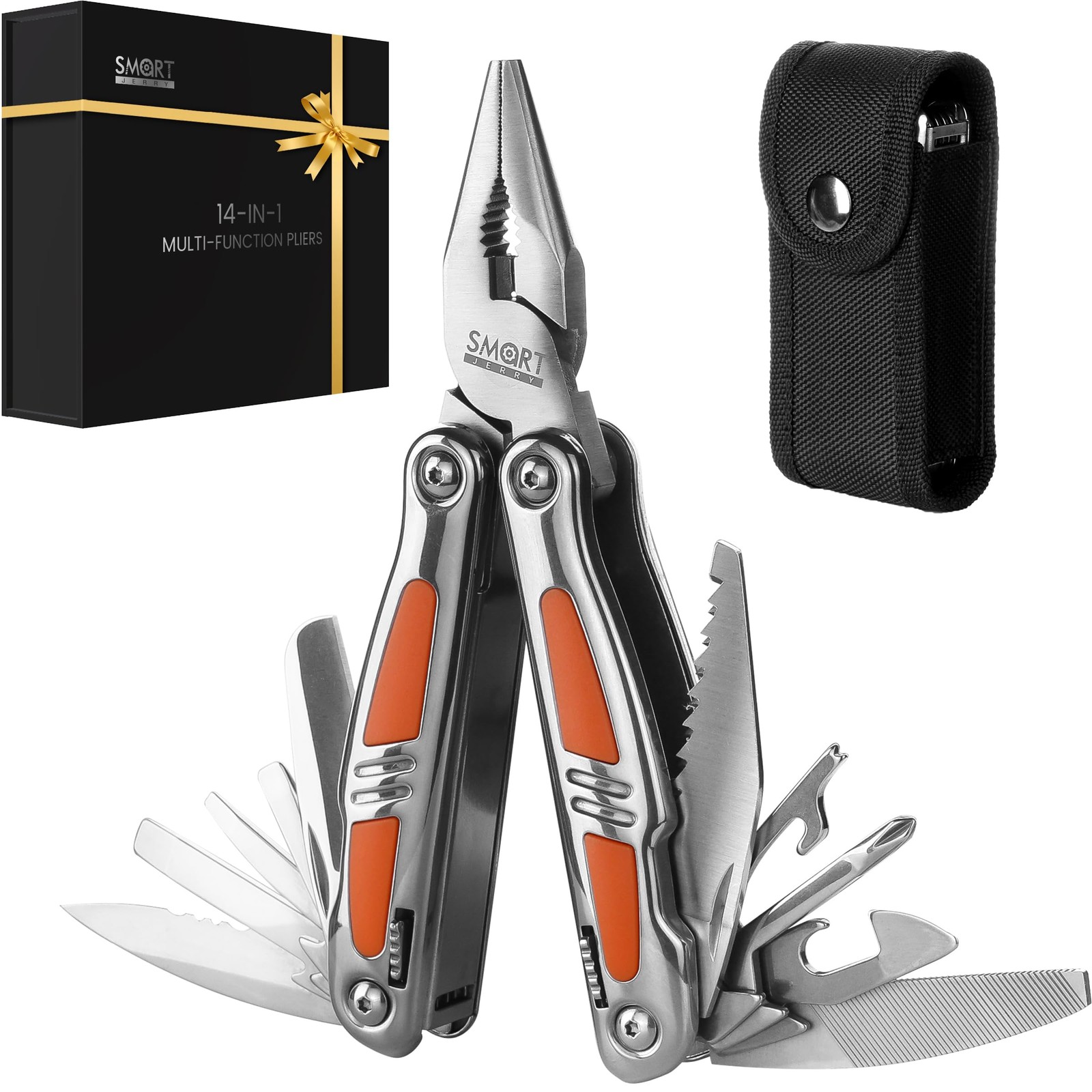14-in-1 Multitool Pliers, Premium Gift Box Packing, Silver + Orange