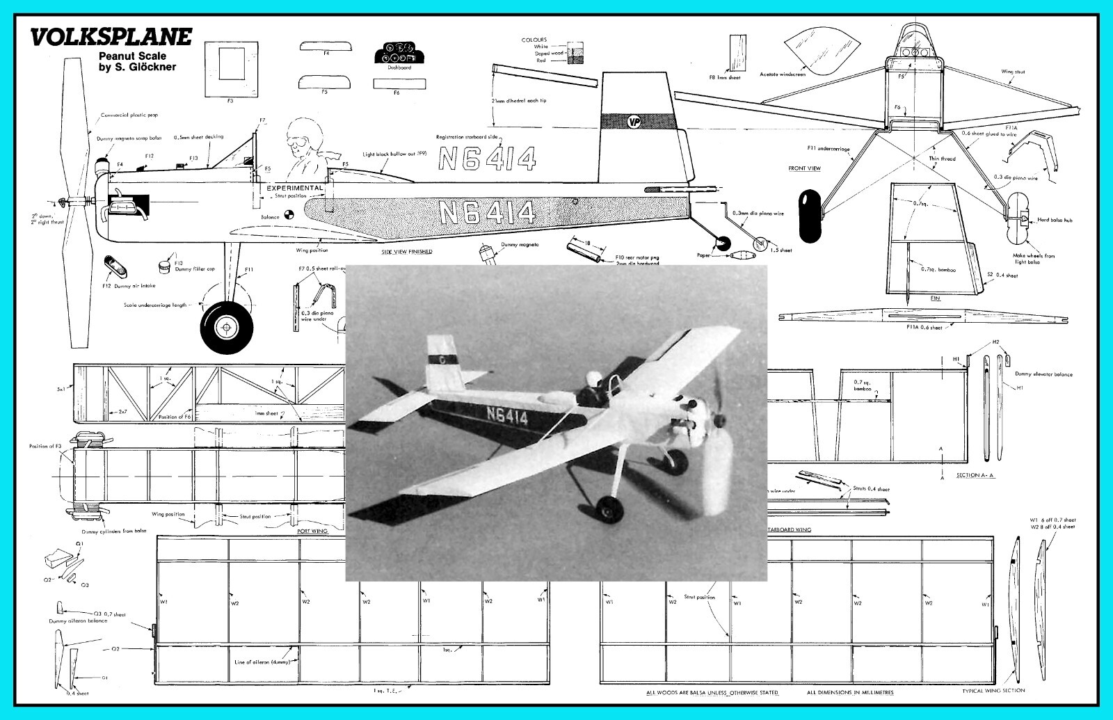 Peanut Scale Model Airplane Plans (FF): Volksplane 13" RP [S. Glockner]