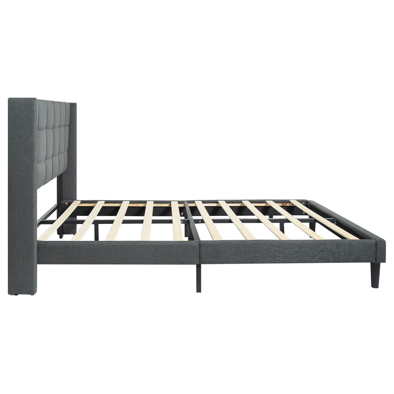Queen Size Bed Frame Upholstered Platform Bed Frame w/ Headboard Drak Grey