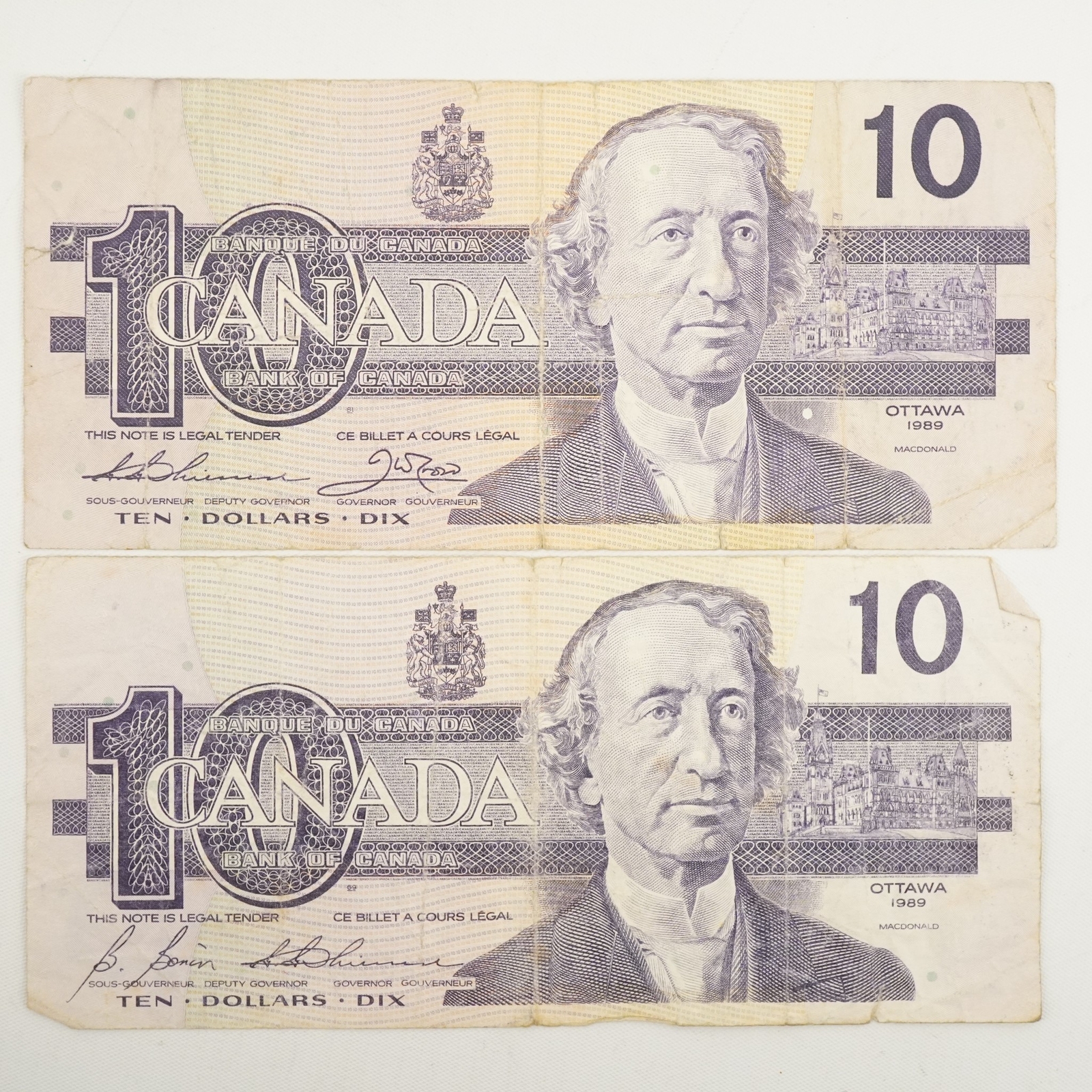 Pair of 1989 Bank of Canada $10 Banknotes - Free Shipping USA