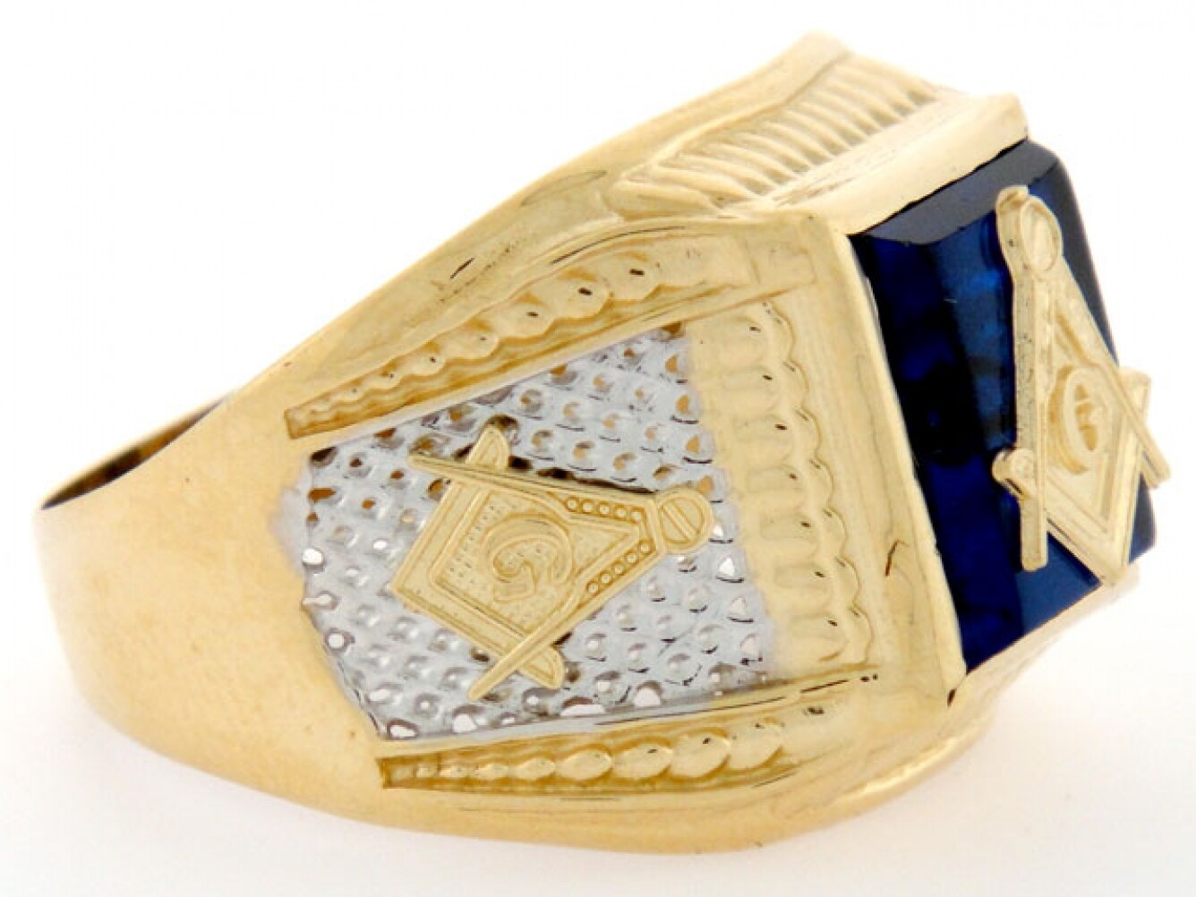 10k or 14k Two-Tone Gold Simulated Sapphire Masonic Mens Ring