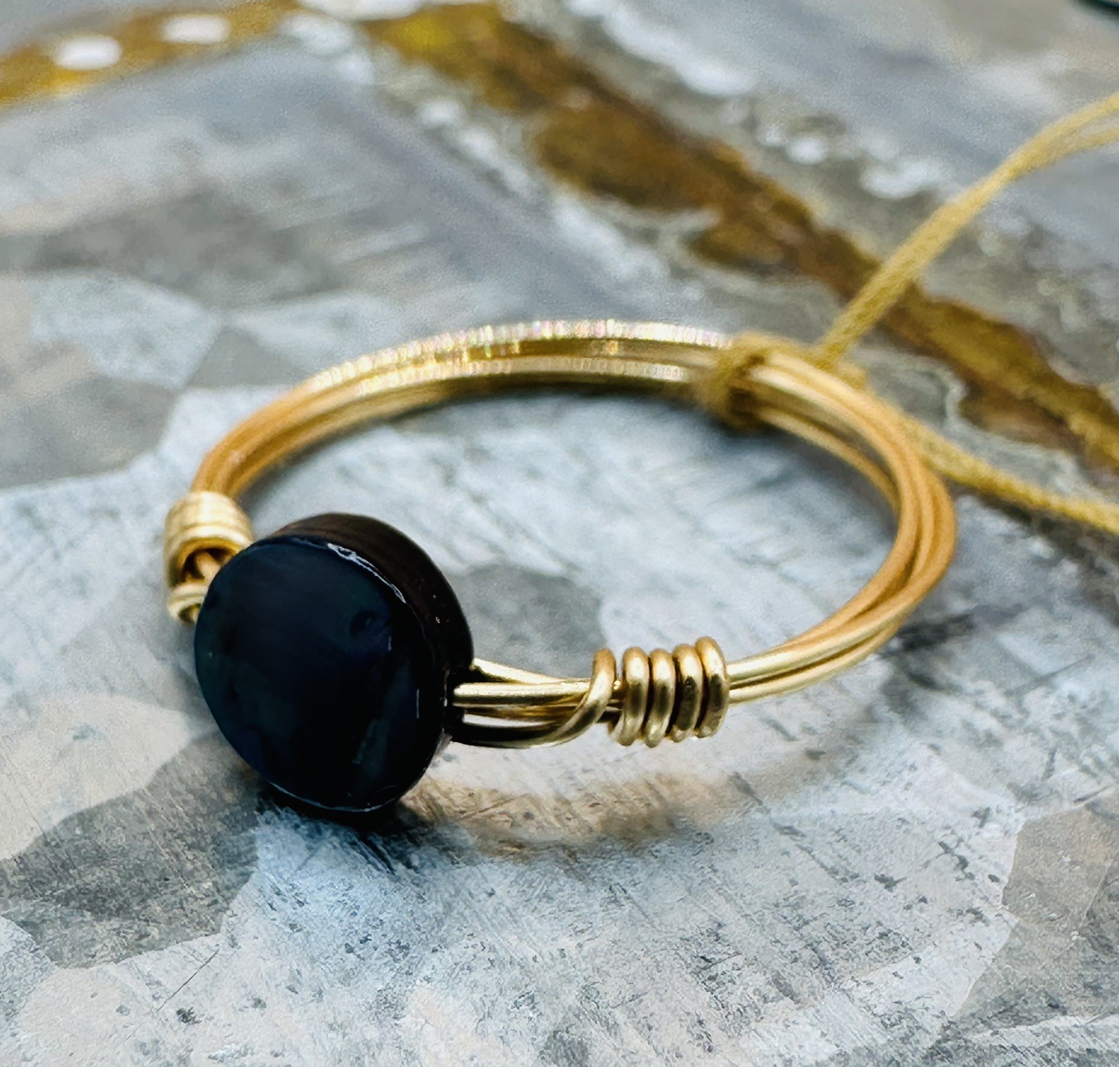 Gold Wire Wrapped Midnight Bead Ring Size 7 minimalist
