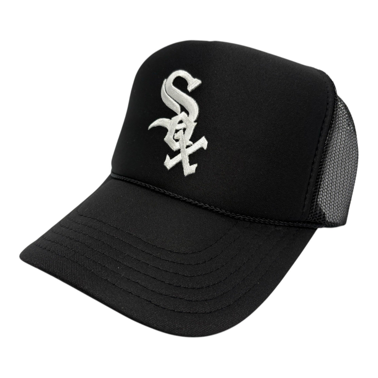 NEW CHICAGO WHITE SOX BLACK CAP HAT 5 PANEL HIGH CROWN TRUCKER SNAPBACK VTG