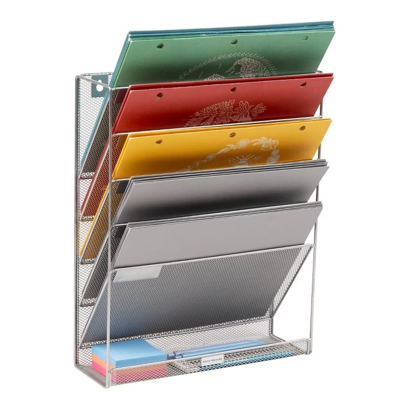 5-Tier Vertical File Storage, Desktop Organizer, Wall Mount, Office, Metal Mesh