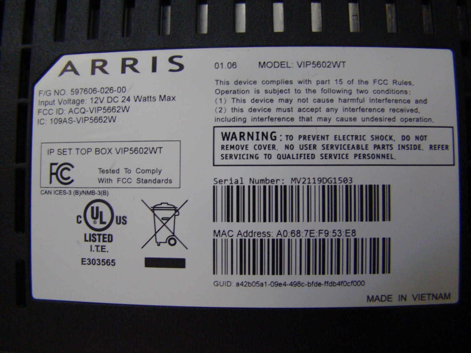 Arris IP Set Top Box VIP5602WT
