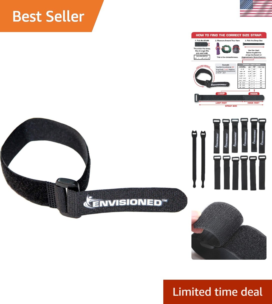 Versatile Cinch Straps 1" x 12" - 12 Pack Hook and Loop with Bonus Cable Ties