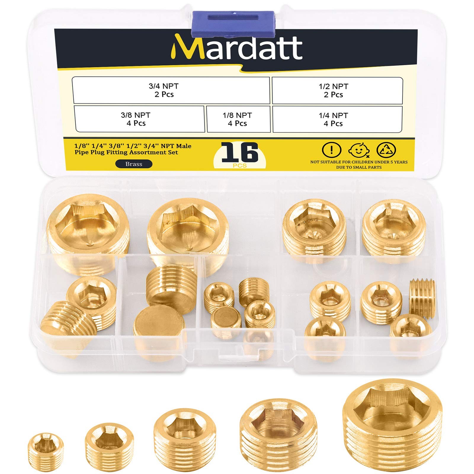 Mardatt 16Pcs 5 Sizes Brass NPT Plug Assortment Kit, 1/8" 1/4" 3/8" 1/2" Gold