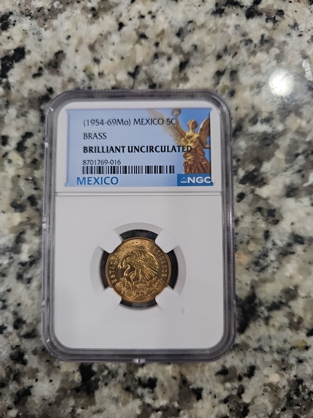 1954-69 Mo Mexico 5 Centavos Brass Coin NGC BU Brilliant Uncirculated Angel 5C