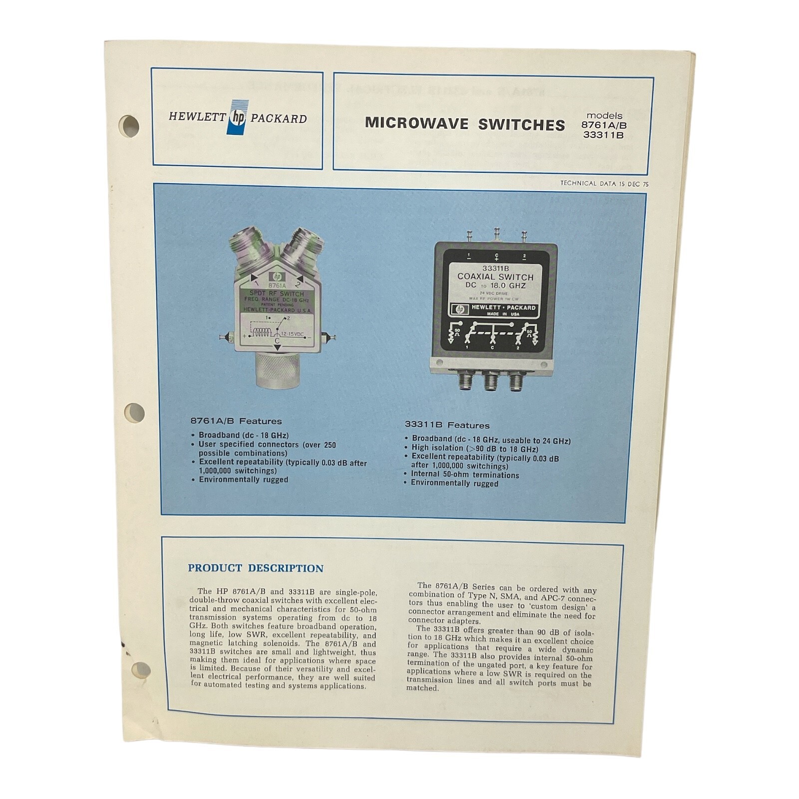 HP MODEL 8761A/B 33311B MICROWAVE SWITCHES TECHNICAL DATA 15 DEC 75