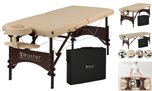 Master Massage 28" Argo Portable Massage Table in Cream with Walnut Legs- Spa