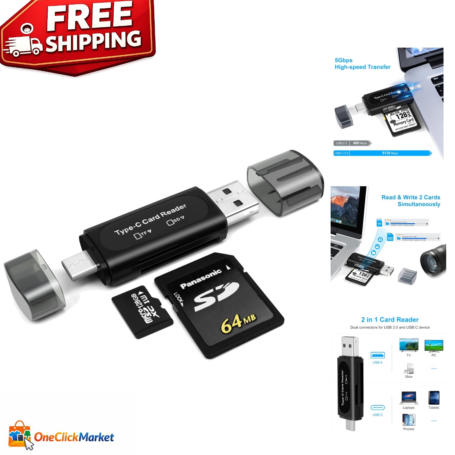4-in-1 USB SD Card Reader with Dual Slot and High-Speed Transfer - Portable