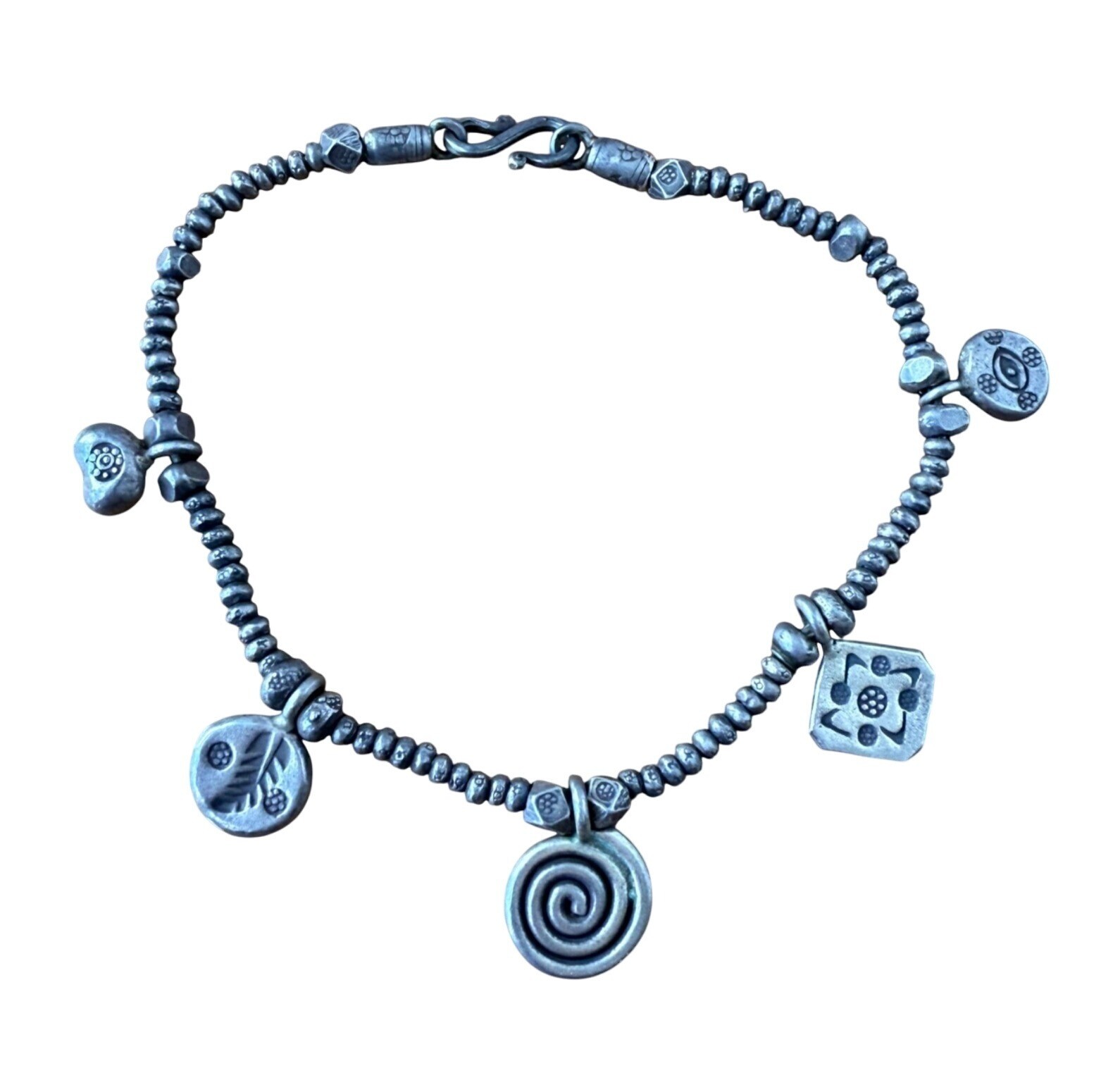 Handmade Silver Beaded Charm Bracelet With Floral & Spiral Designs