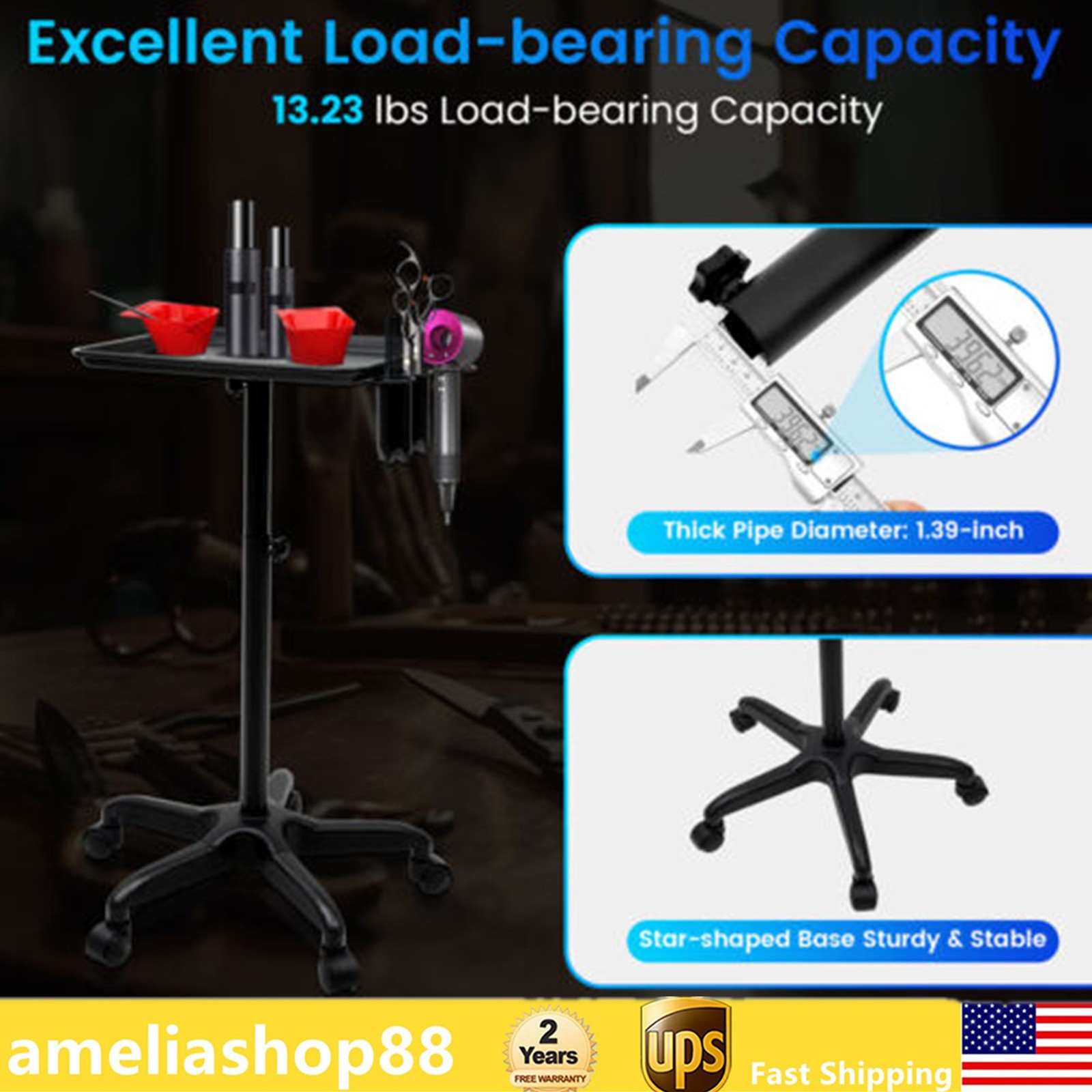 New Professional Salon Trolley Aluminum Trolley Hair Instrument Tray Caddy Black