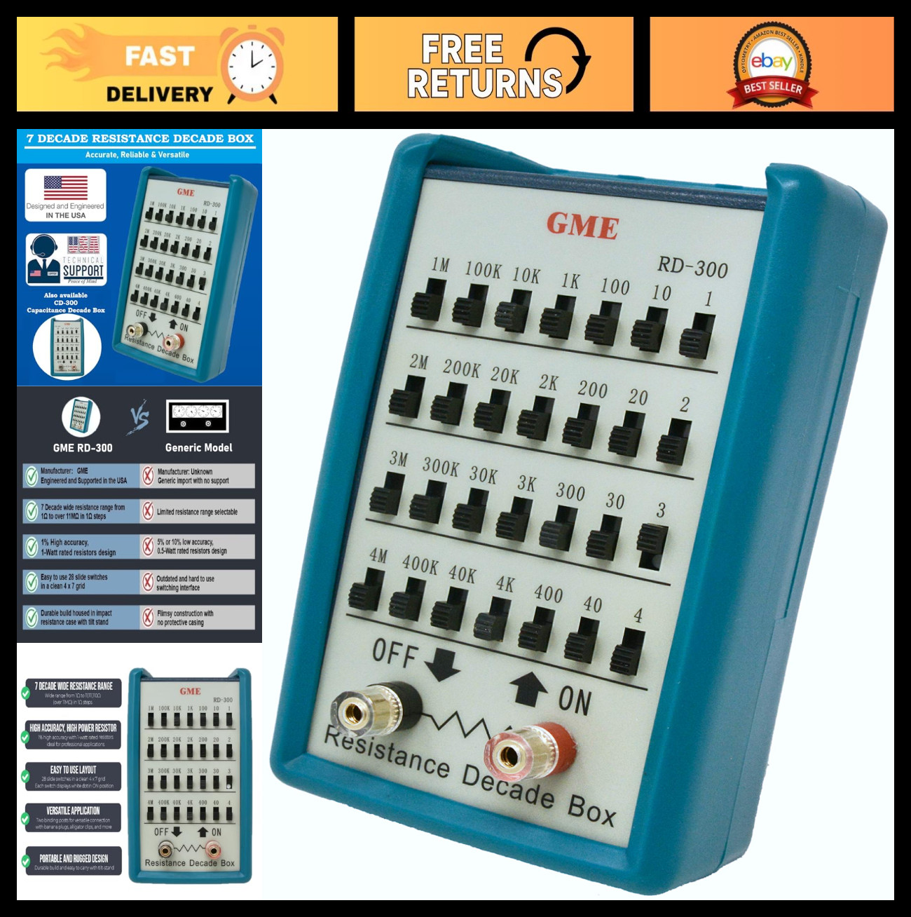 Resistance Substitution Decade Box, 7 Decades, 1Ω to 11MΩ, 1% Accuracy, 1W Rated