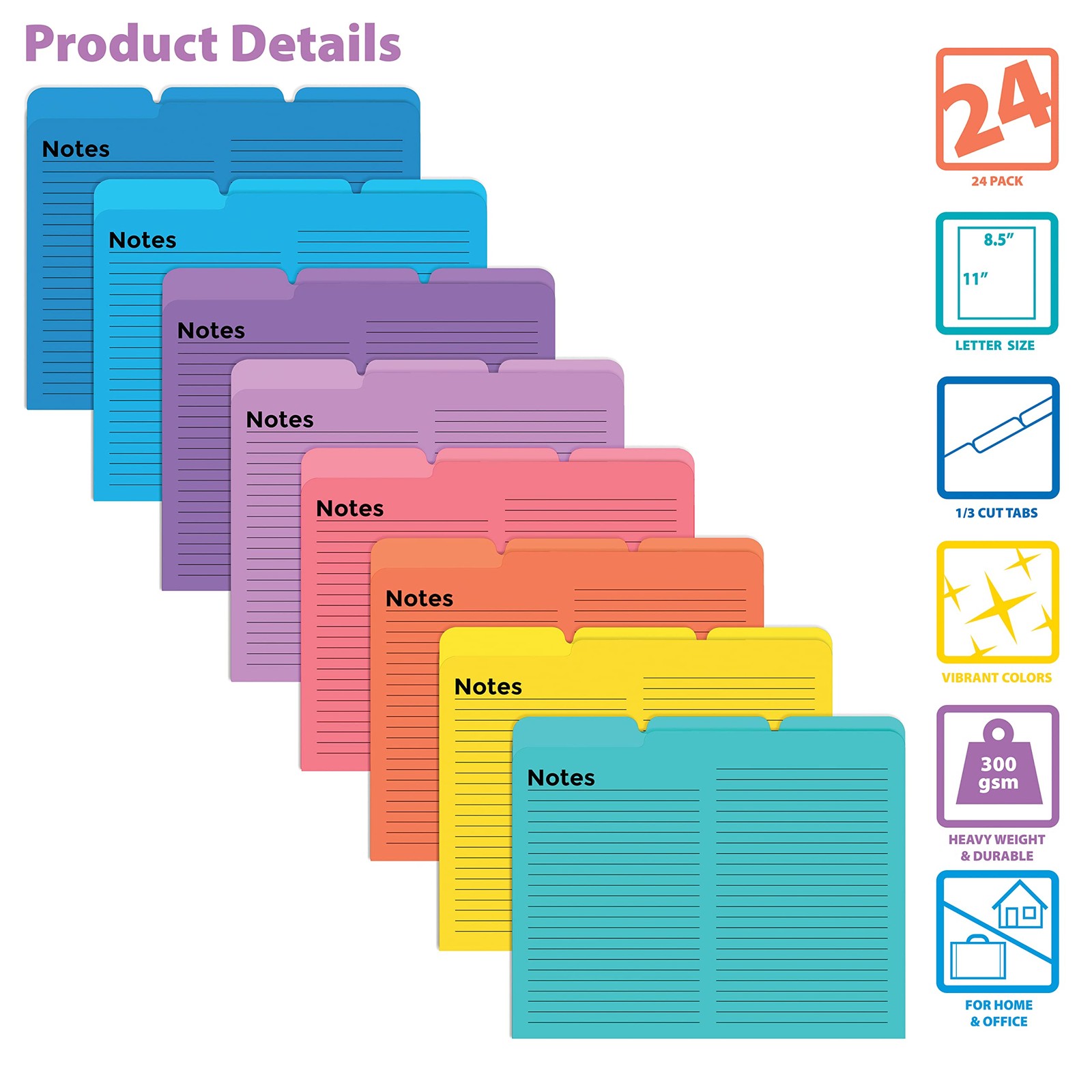 Lined File Folders, 24 Pack, Notes Tabbed File Folders, 1/3 Cut Tabs, 8 Vibra...