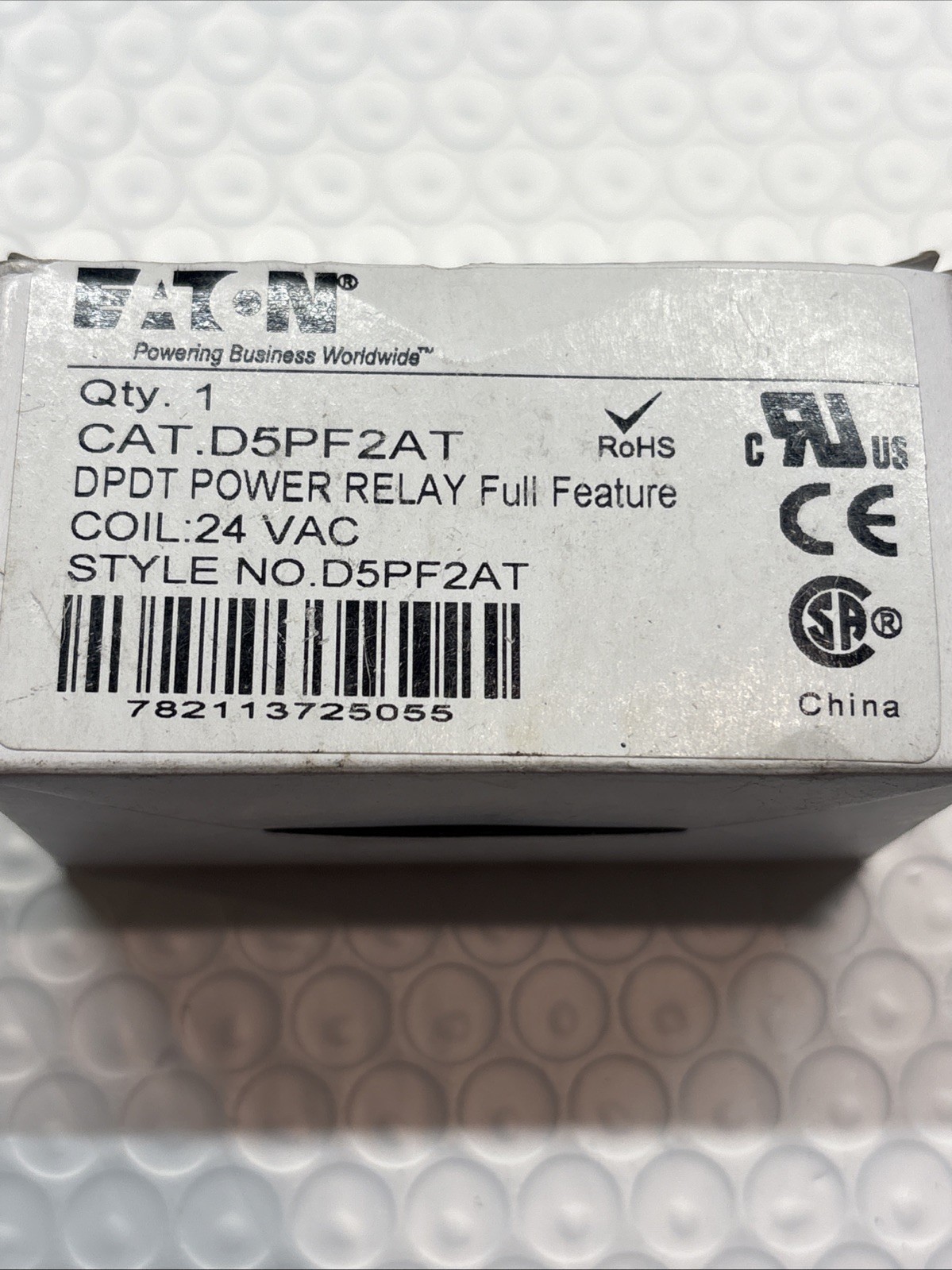 EATON CORPORATION D5PF2AT, DPDT POWER RELAY FULL FEATURE, Coil: 24 VAC, NEW