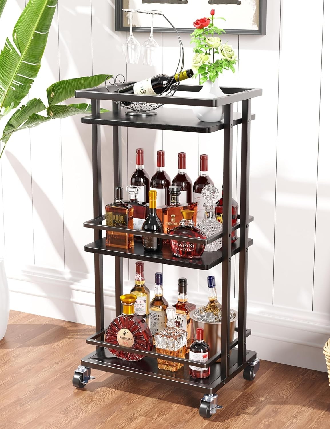 OKZEST 3 Tier Bar Cart for Home, Rolling Mini Liquor Bar for Wine Beverage Di...