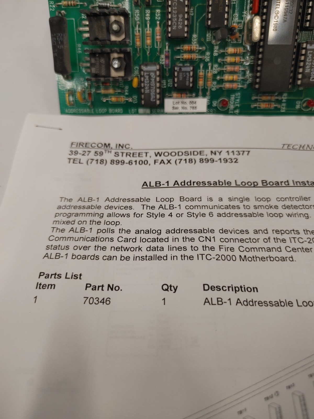 Firecom ALB-1 70346 ADDRESSABLE LOOP BOARD - PARTS