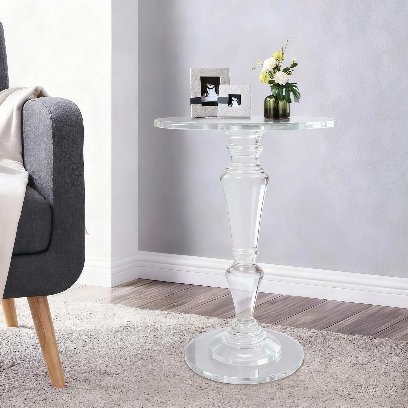 Clear Acrylic Side Table Round Ende Table Drink Table for Small Space 13.8"x19”