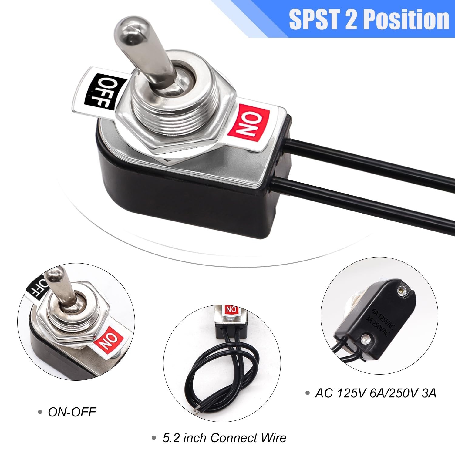 Taiss 2pcs Toggle Switch SPST 2 Position Latching ON/Off 6A AC 125V /10A DC 1...
