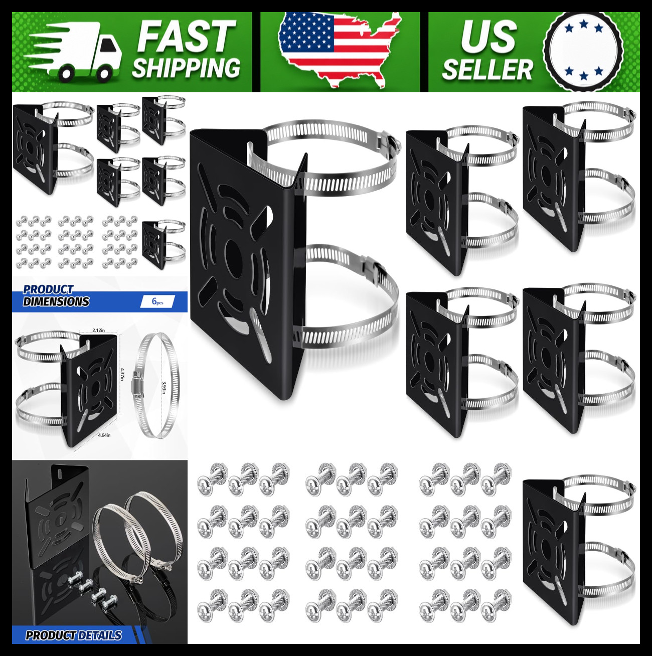 Universal Metal Pole Mount Bracket for Security Camera, 6 Pack, Black