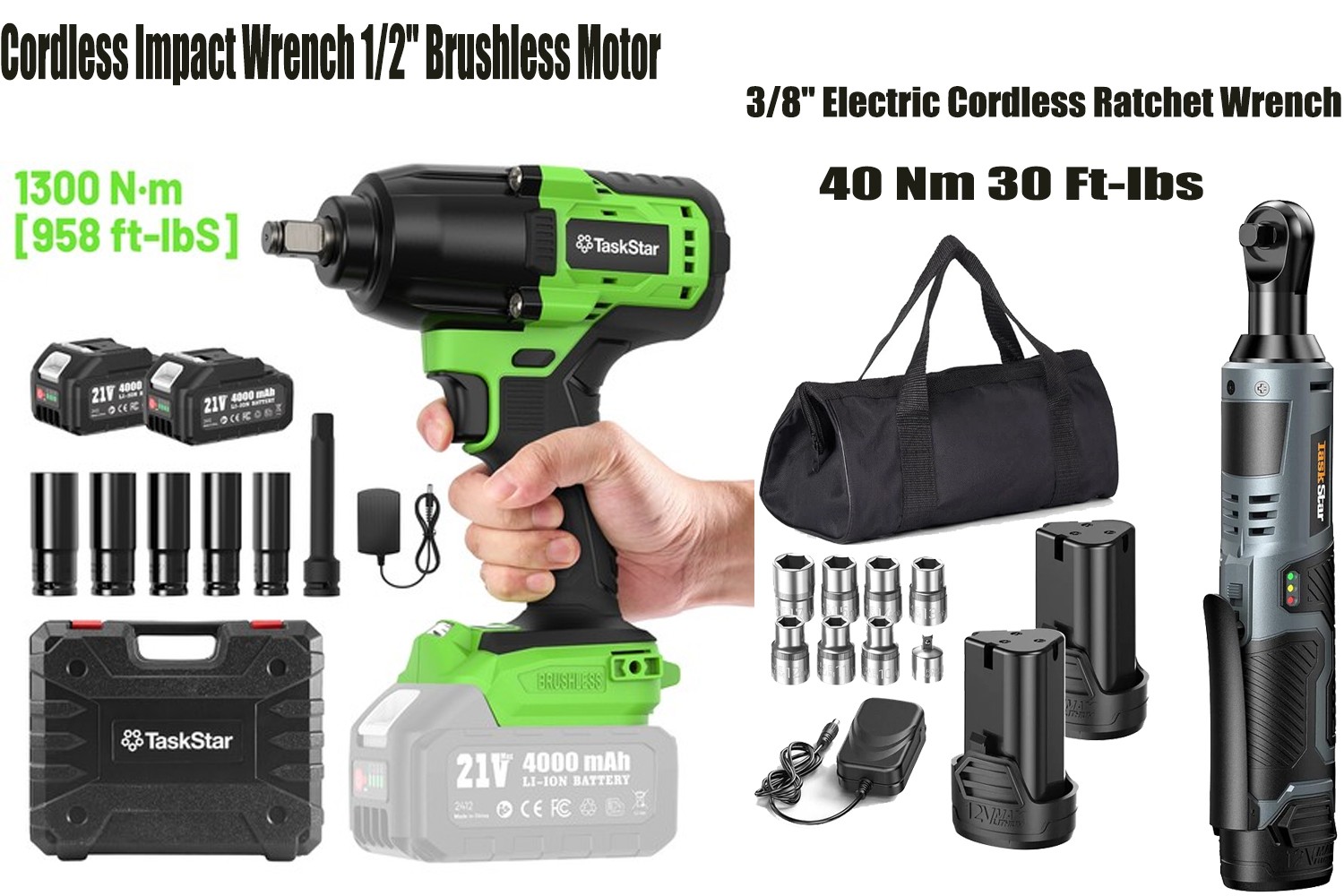 1/2" Brushless Impact Gun 1300NM 3/8" Cordless Ratchet Wrench Battery Combo Kit