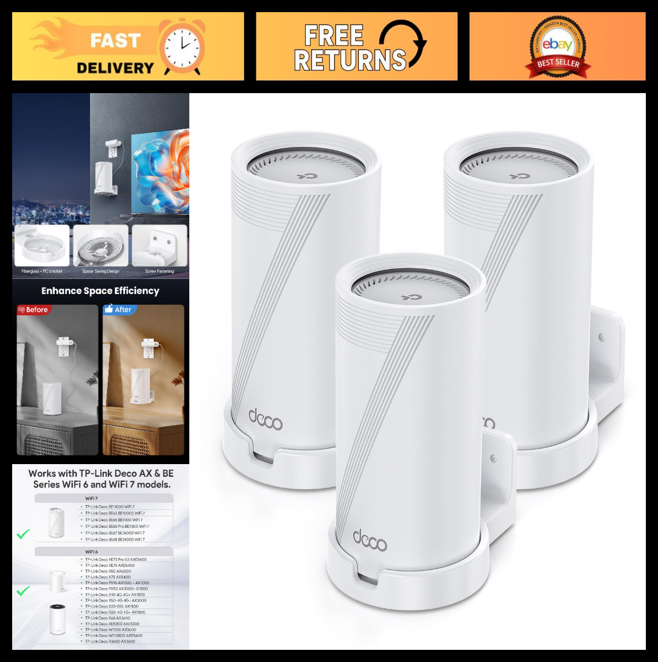 Wall Mount for TP-Link Deco WiFi 7 & 6E Mesh Router - 3-Pack, Durable ABS, Secur