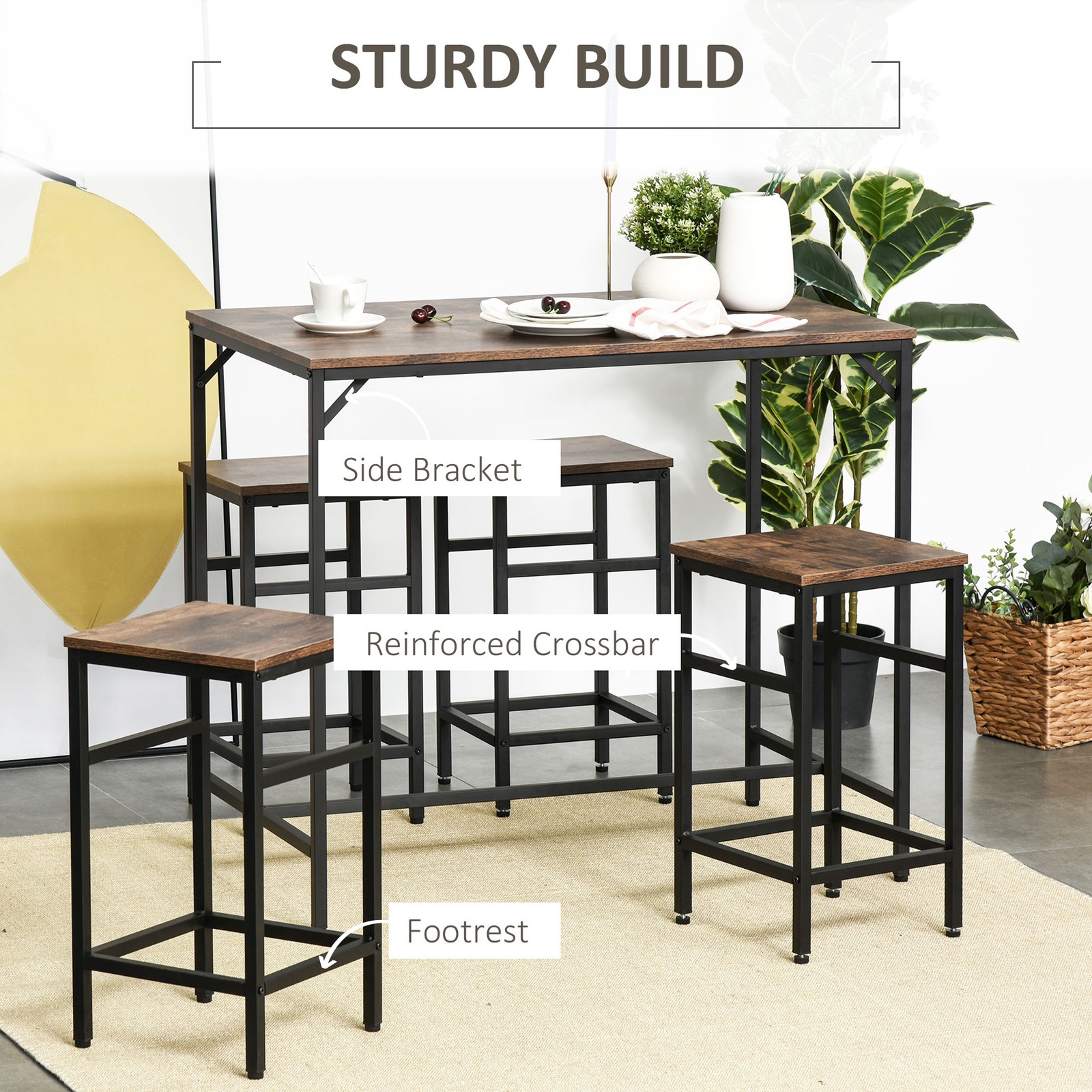 5-Piece Industrial Dining Table Set, Bar Table & 4 Stools Set, Space Saving