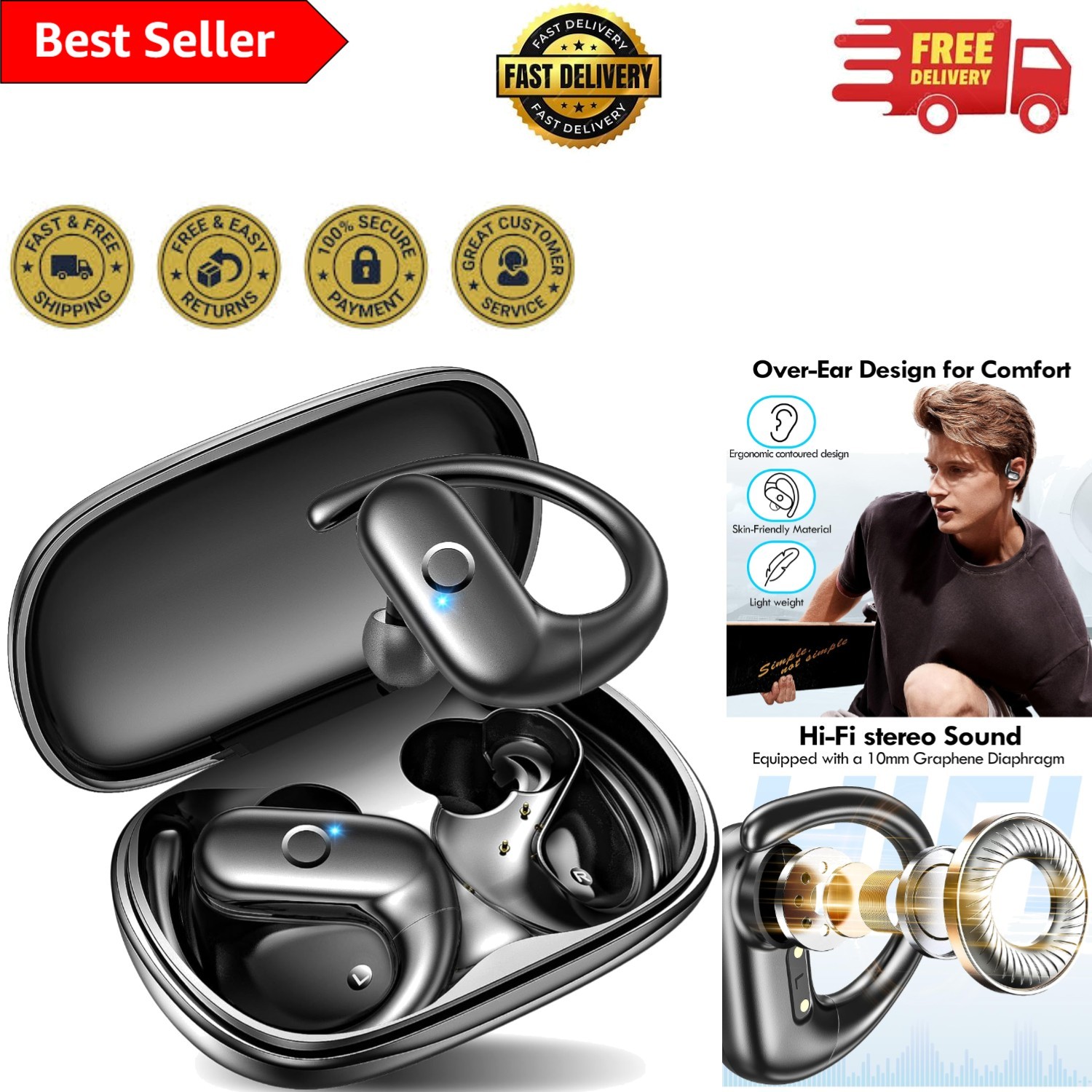 60Hrs Wireless Bluetooth Earbuds with Deep Bass - Ideal for Sports & Travel