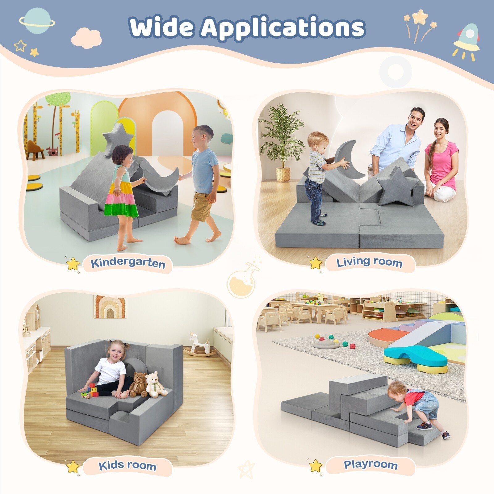 Modular Kids Play Couch for Playroom Bedroom, 9 in 1 Gray, Kids Large Game Toy