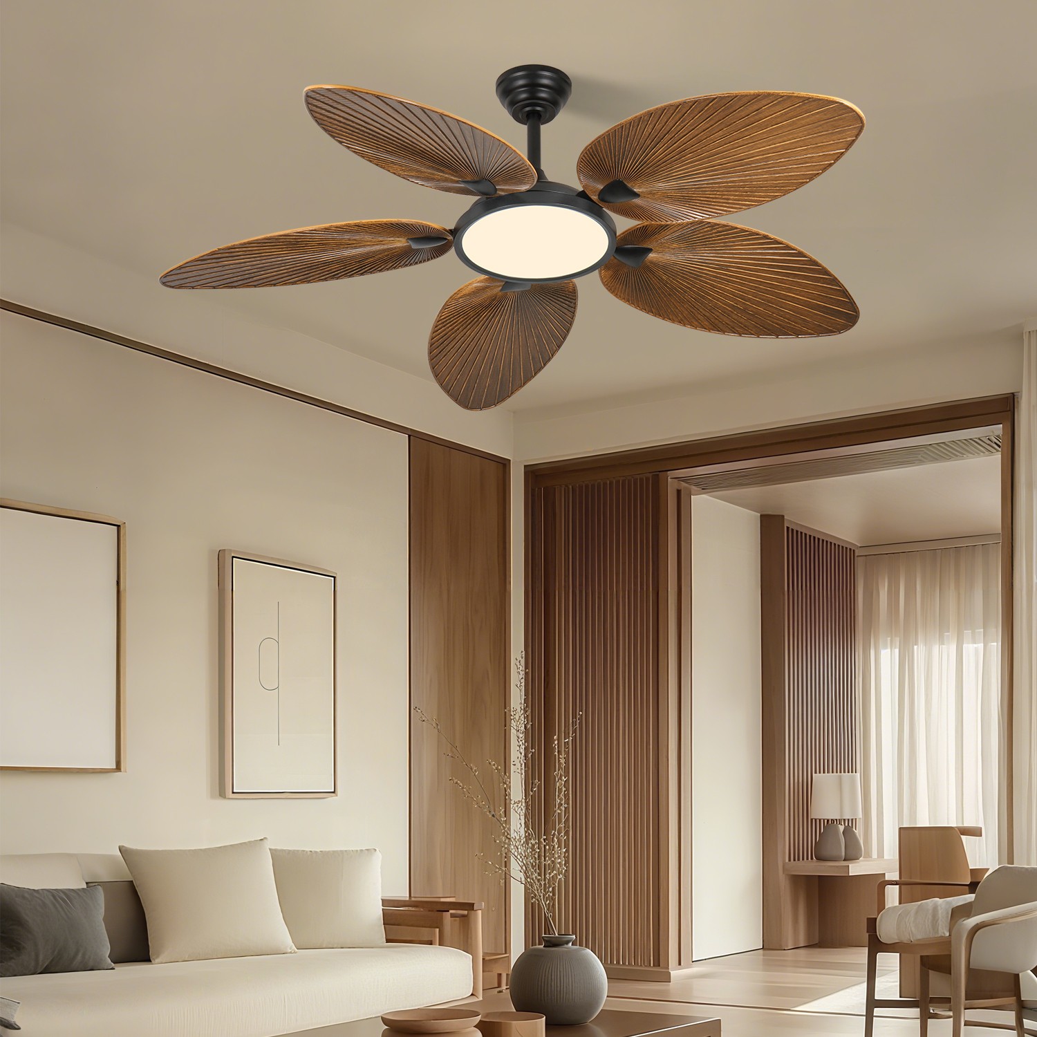 52 Inch Tropical Ceiling Fan with LED Light, Palm Leaf Design, Remote Control