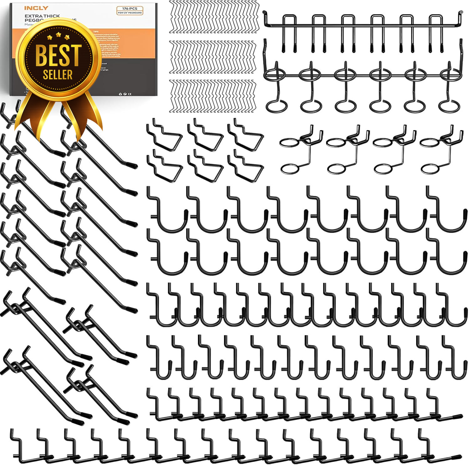 176PCS Heavy Duty Pegboard Hooks Kit with Peg Locks Black