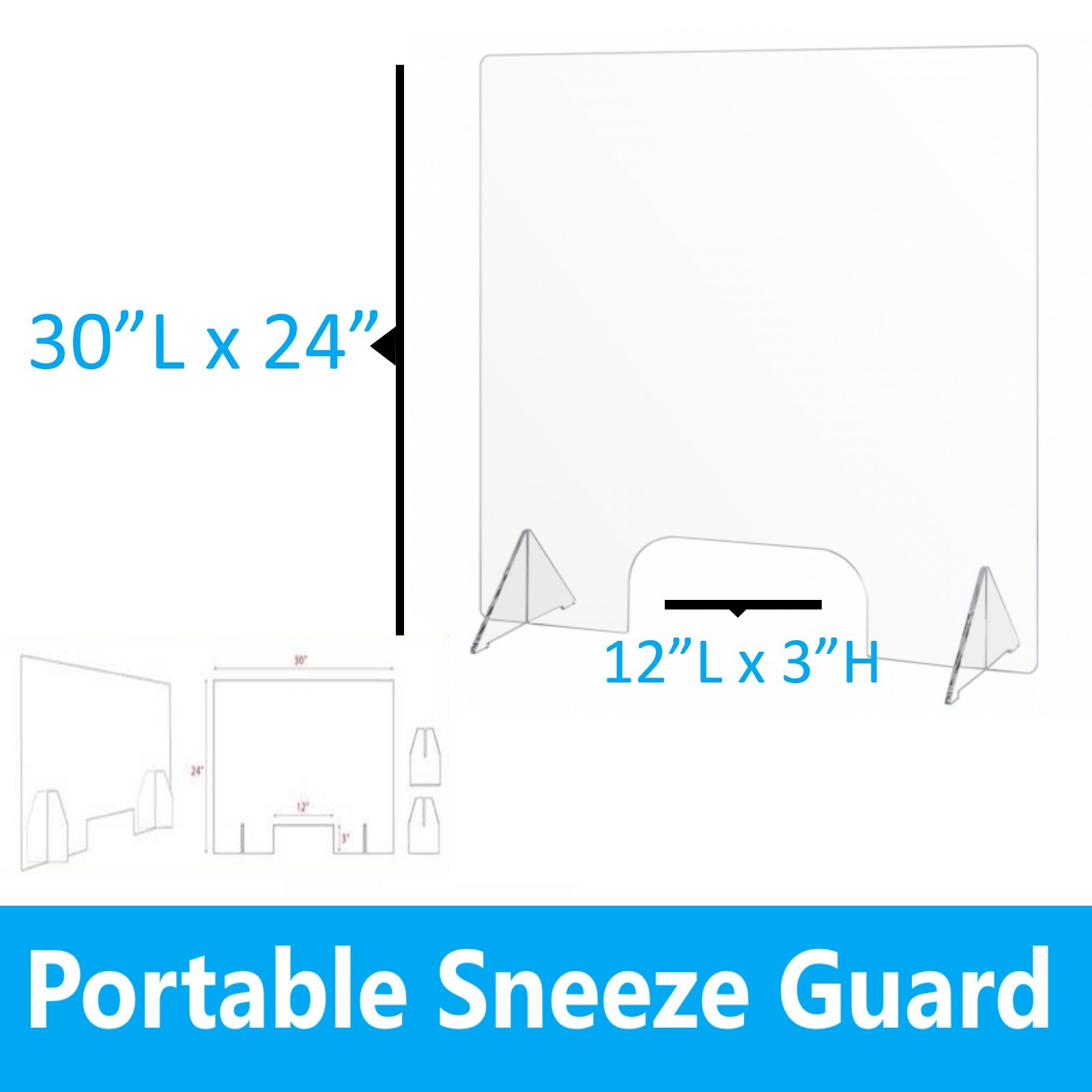 Portable Countertop Sneeze Guard with Pass Through Opening 30”L x 24”H