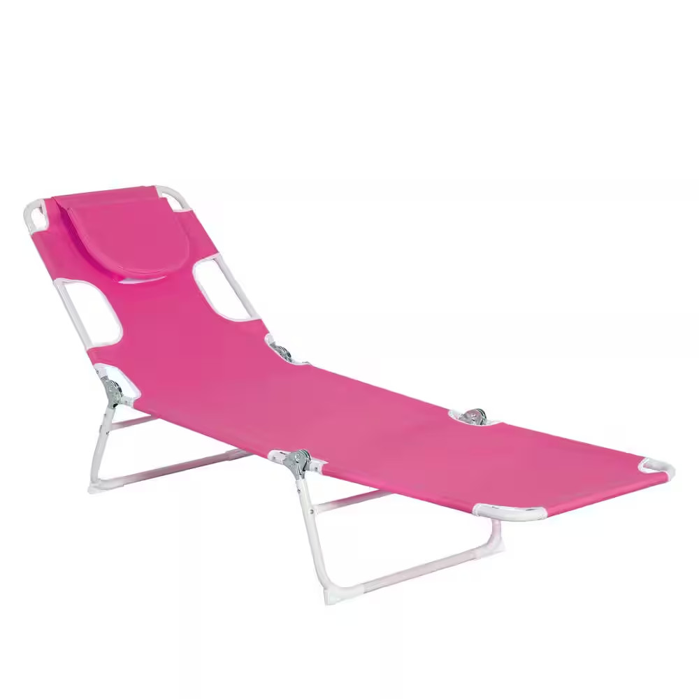 3-In-1 Pink Heavy Duty Tanning Chair Face Hole ABS Outdoor Lounge Chair in Pink
